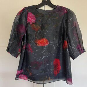 Ted Baker London AYMEE Black Floral Puff Sleeve Organza Top Size 3 NWT